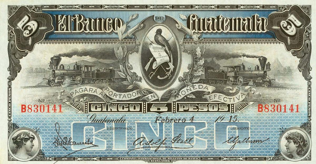 Front of Guatemala pS143c: 5 Pesos from 1914