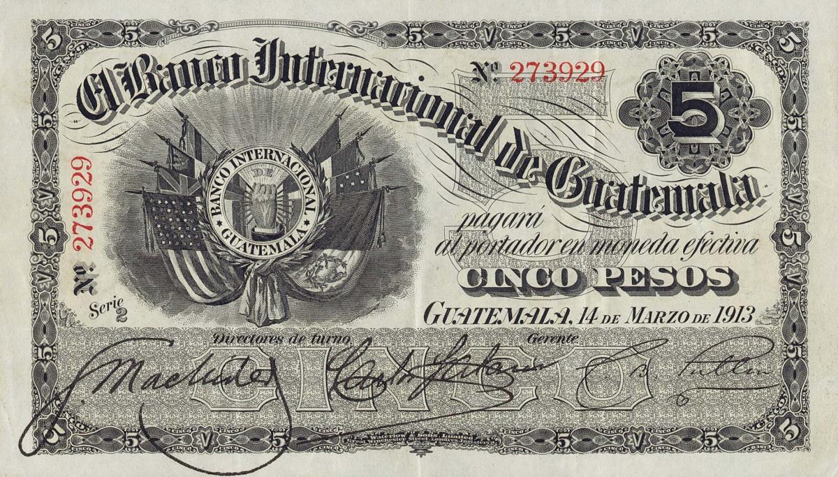 Front of Guatemala pS155b: 5 Pesos from 1913