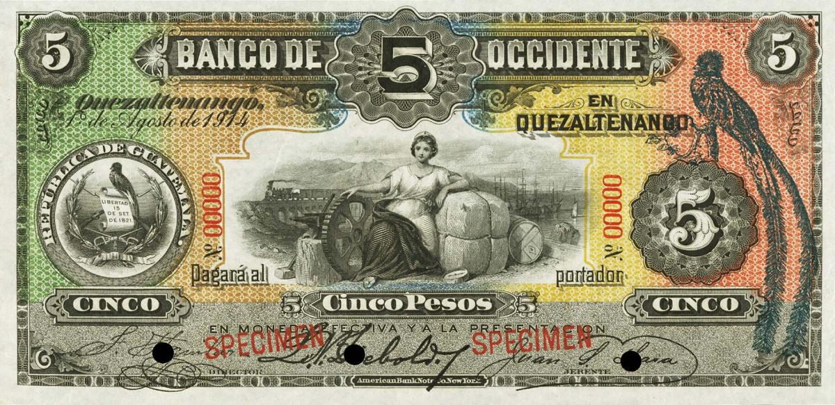 Front of Guatemala pS176s: 5 Pesos from 1890