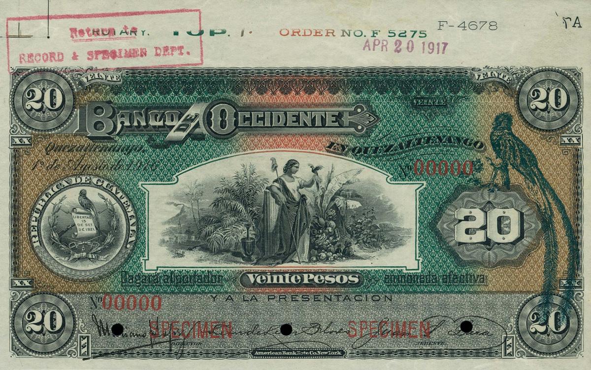 Front of Guatemala pS179s: 20 Pesos from 1903