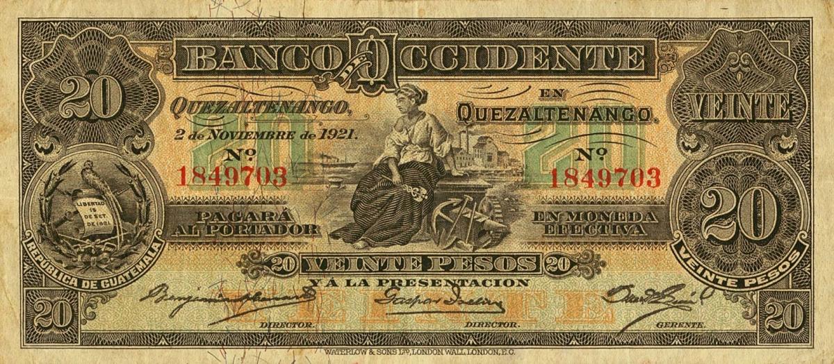 Front of Guatemala pS181a: 20 Pesos from 1921