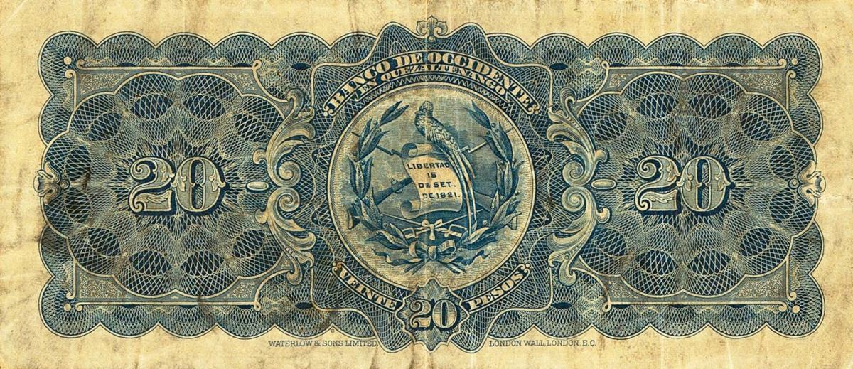 Back of Guatemala pS181b: 20 Pesos from 1925