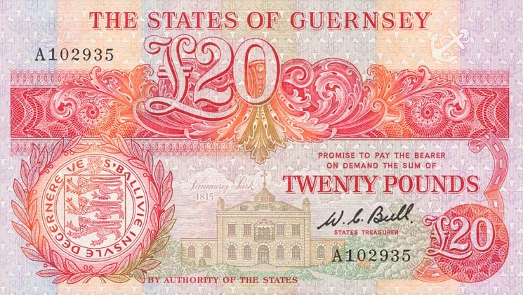 Front of Guernsey p51a: 20 Pounds from 1980