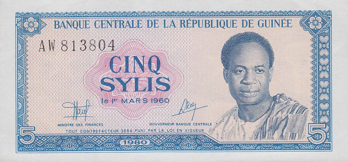 Front of Guinea p22a: 5 Syli from 1980