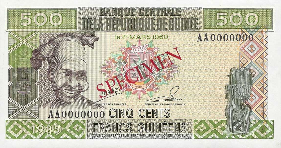 Front of Guinea p31s: 500 Francs from 1985