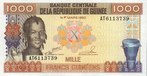 Front of Guinea p32a: 1000 Francs from 1985