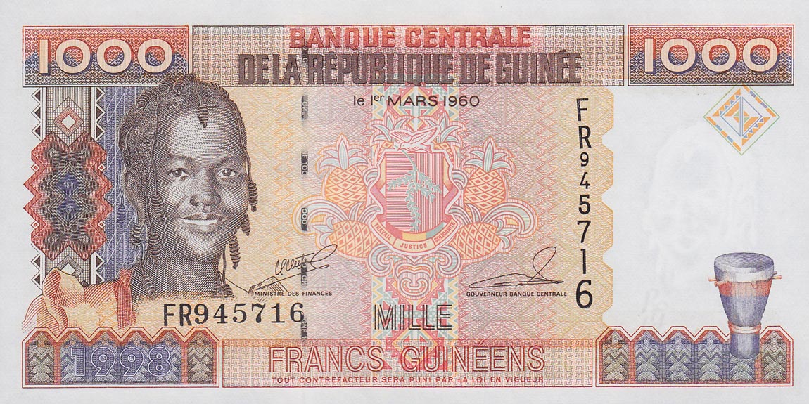 Front of Guinea p37: 1000 Francs from 1998