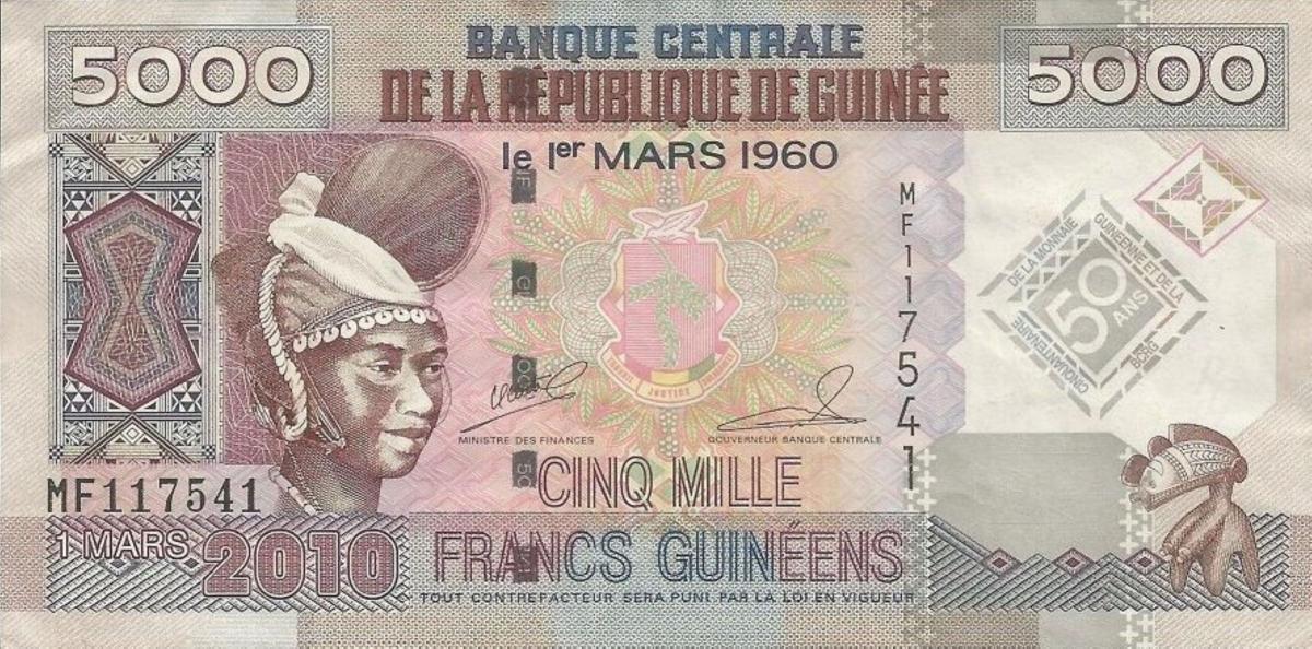 Front of Guinea p44b: 5000 Francs from 2010