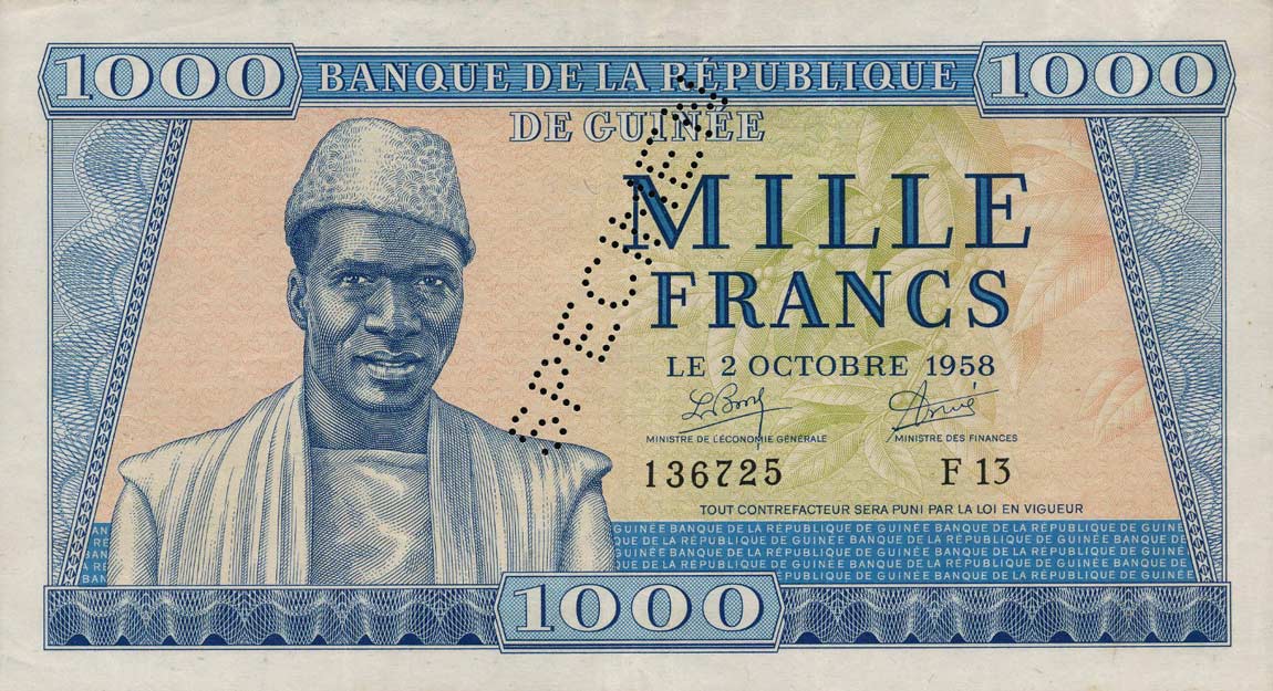Front of Guinea p9s: 1000 Francs from 1958