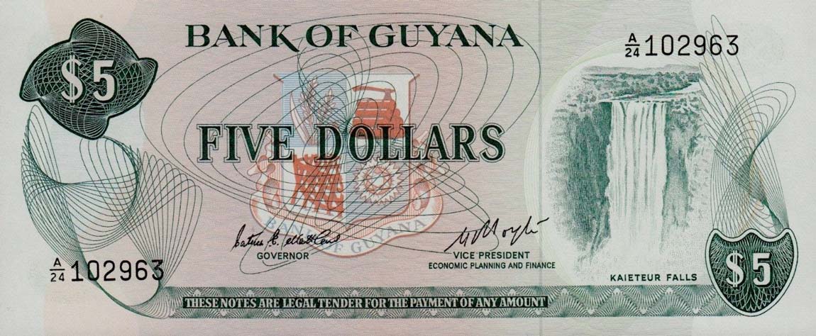 Front of Guyana p22d: 5 Dollars from 1966