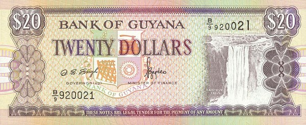 Front of Guyana p30b1: 20 Dollars from 1996