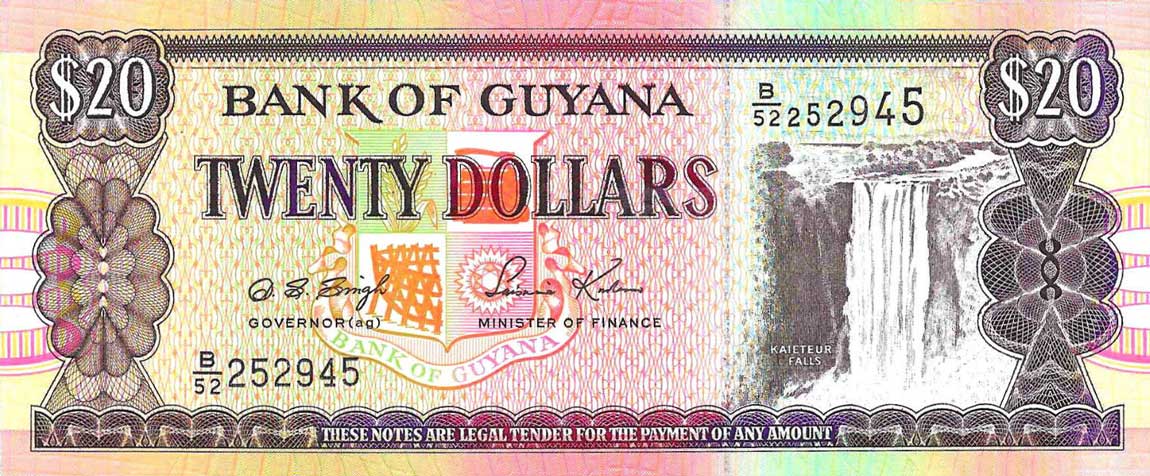 Front of Guyana p30b2: 20 Dollars from 1996