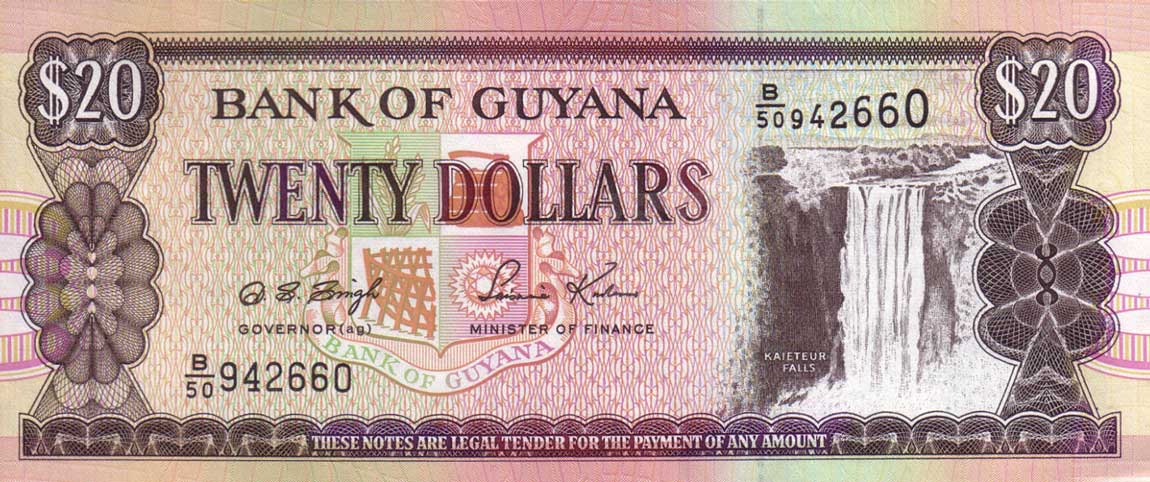 Front of Guyana p30c: 20 Dollars from 1996