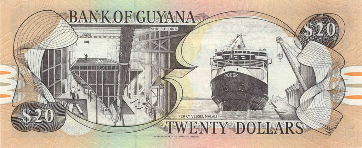 Back of Guyana p30e: 20 Dollars from 1996