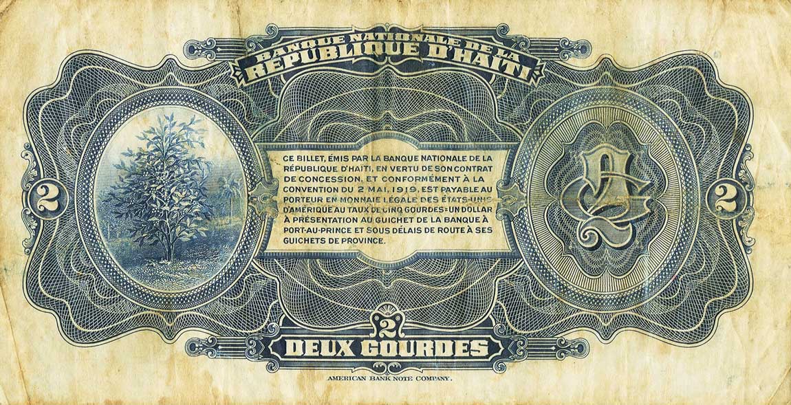 Back of Haiti p151a: 2 Gourdes from 1919