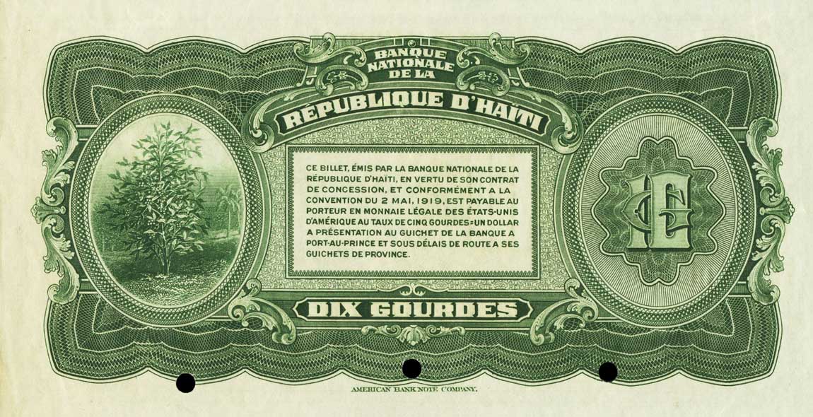 Back of Haiti p153s: 10 Gourdes from 1919