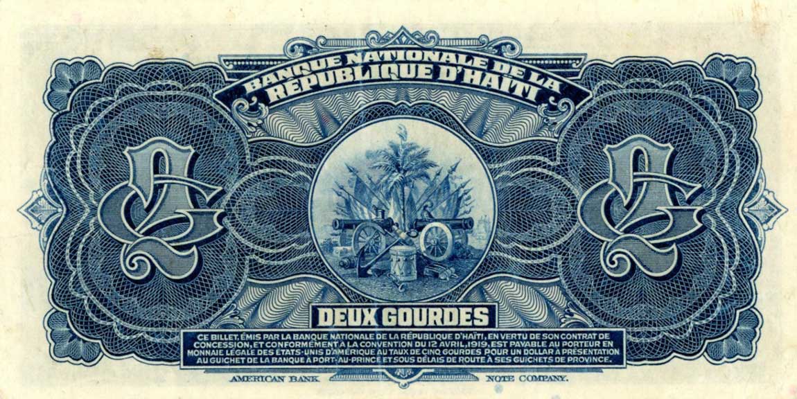 Back of Haiti p161a: 2 Gourdes from 1919