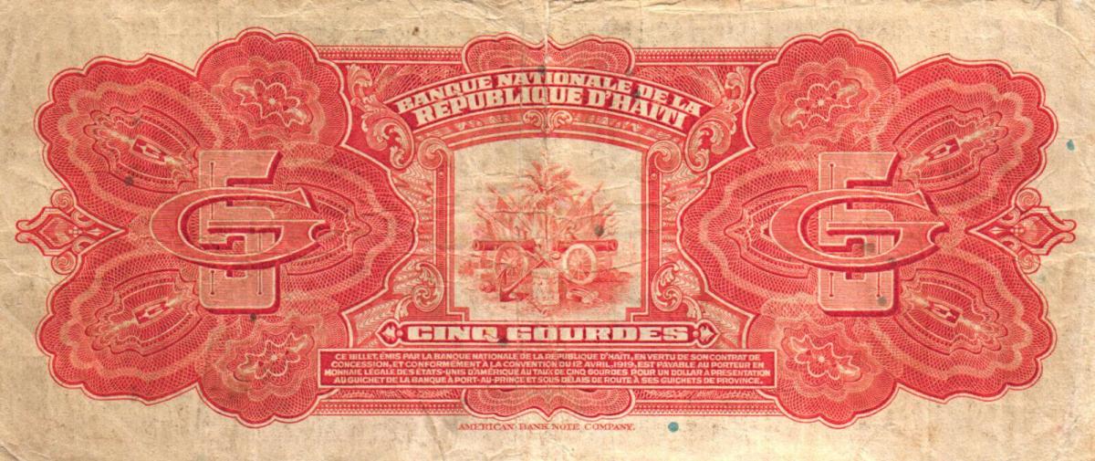 Back of Haiti p162a: 5 Gourdes from 1919