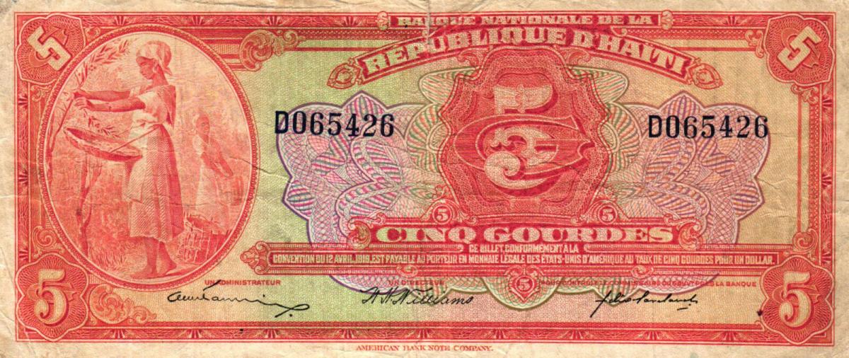 Front of Haiti p162a: 5 Gourdes from 1919