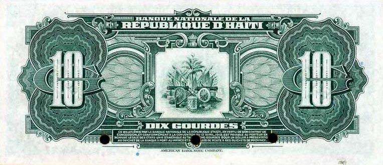 Back of Haiti p163s: 10 Gourdes from 1919