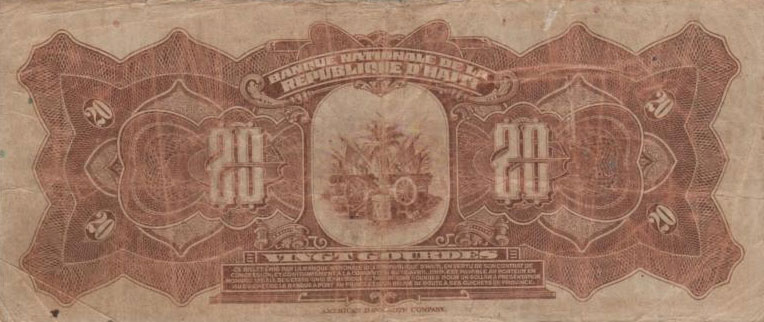 Back of Haiti p164a: 20 Gourdes from 1919