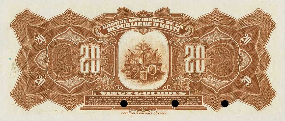 Back of Haiti p164s: 20 Gourdes from 1919