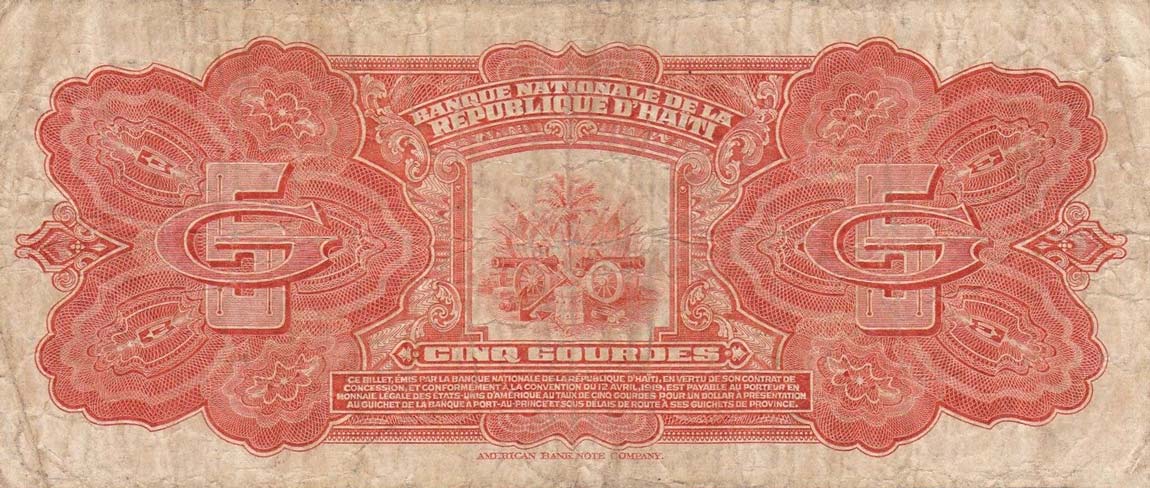 Back of Haiti p172b: 5 Gourdes from 1919