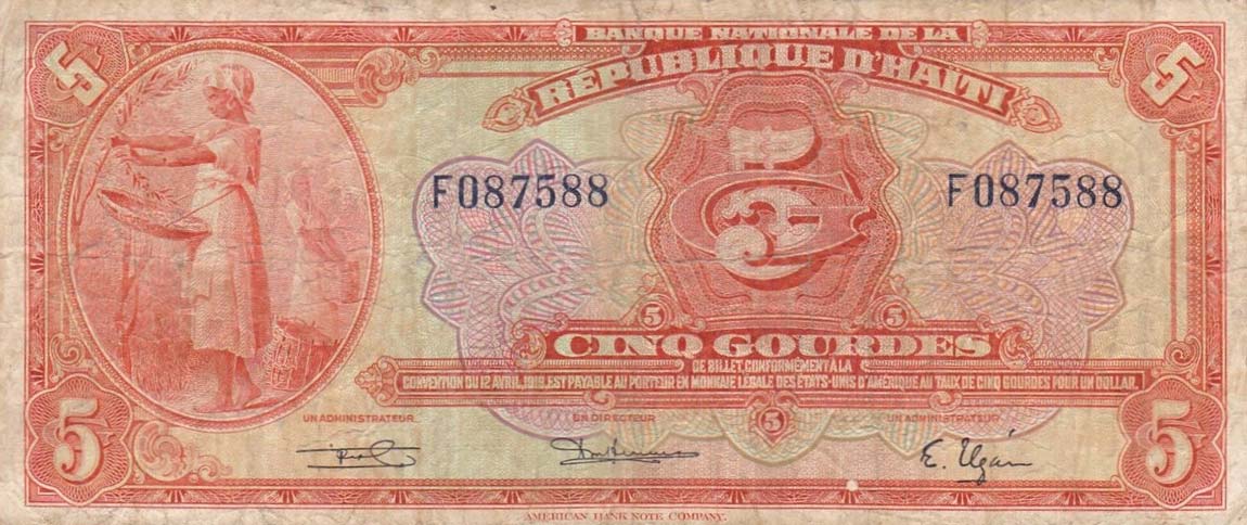 Front of Haiti p172b: 5 Gourdes from 1919