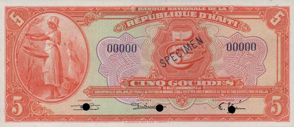 Front of Haiti p180s: 5 Gourdes from 1951