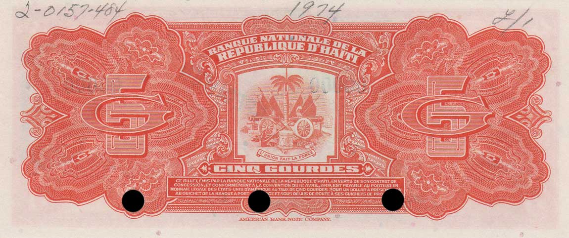 Back of Haiti p202s: 5 Gourdes from 1970