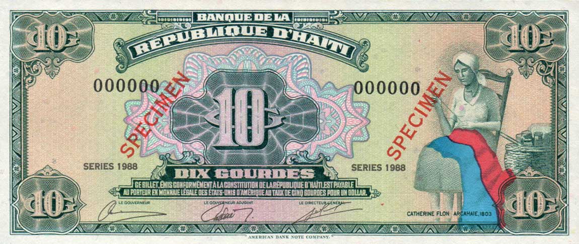 Front of Haiti p247s: 10 Gourdes from 1988