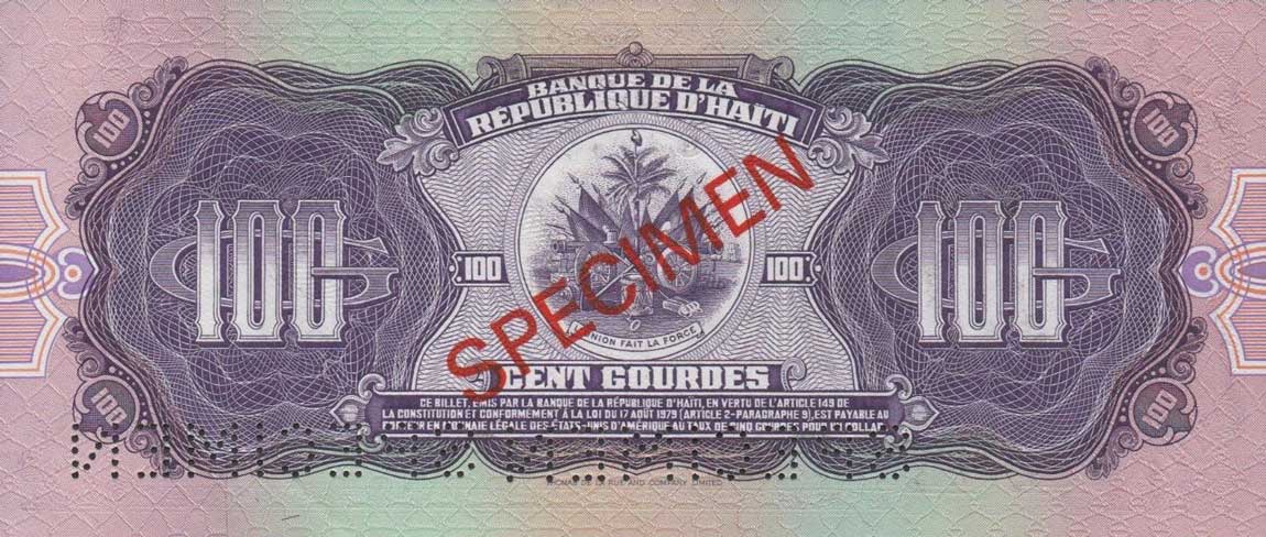 Back of Haiti p250s: 100 Gourdes from 1986