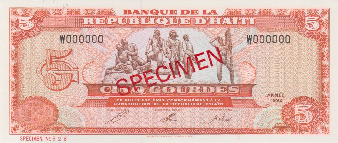 Front of Haiti p261s: 5 Gourdes from 1992