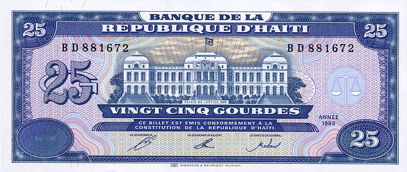 Front of Haiti p262a: 25 Gourdes from 1993