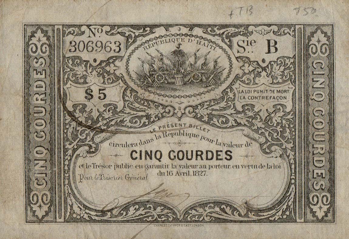 Front of Haiti p34: 5 Gourdes from 1827
