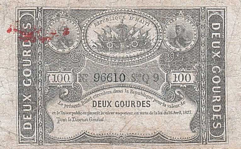Front of Haiti p35: 2 Gourdes from 1827