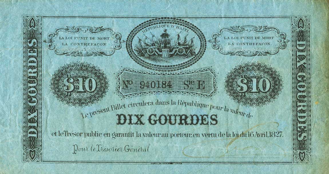 Front of Haiti p36: 10 Gourdes from 1827