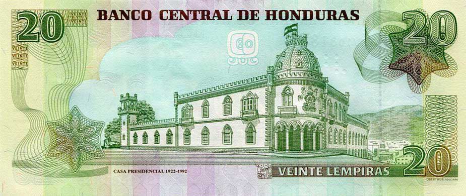 Back of Honduras p100a: 20 Lempiras from 2012