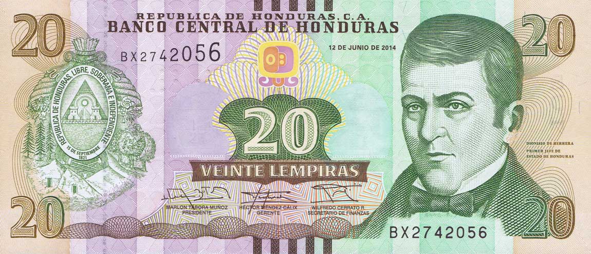 Front of Honduras p100b: 20 Lempiras from 2014