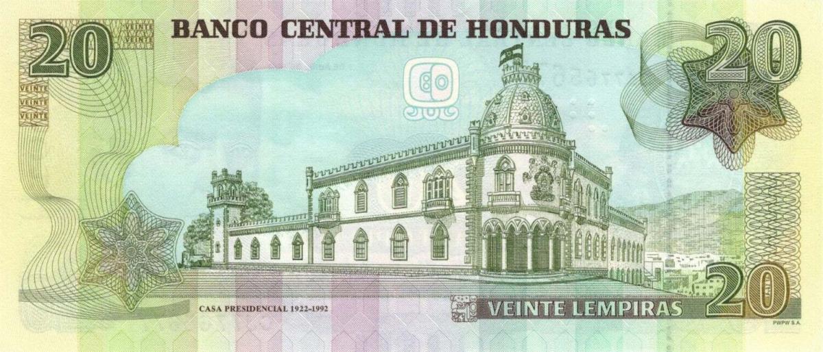 Back of Honduras p100d: 20 Lempiras from 2022