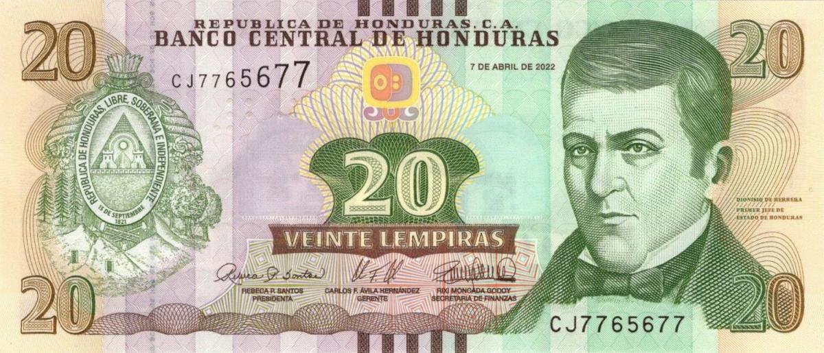 Front of Honduras p100d: 20 Lempiras from 2022