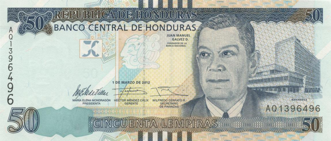 Front of Honduras p101a: 50 Lempiras from 2012