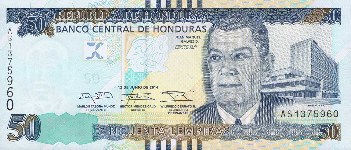 Front of Honduras p101b: 50 Lempiras from 2014