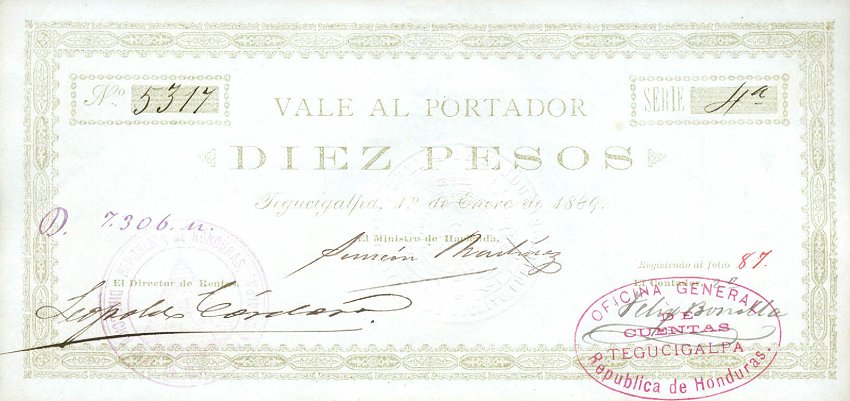 Front of Honduras p10: 10 Pesos from 1889