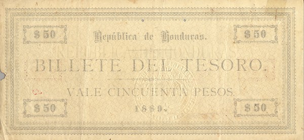 Back of Honduras p12: 50 Pesos from 1889