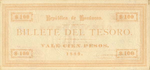 Back of Honduras p13: 100 Pesos from 1889