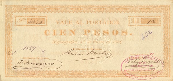 Front of Honduras p13: 100 Pesos from 1889