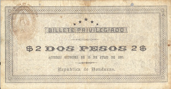 Front of Honduras p14: 2 Pesos from 1891
