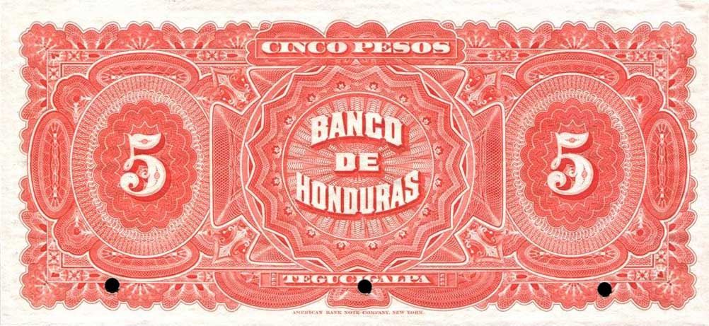 Back of Honduras p22s: 5 Pesos from 1889