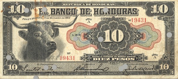 Front of Honduras p25a: 10 Pesos from 1913